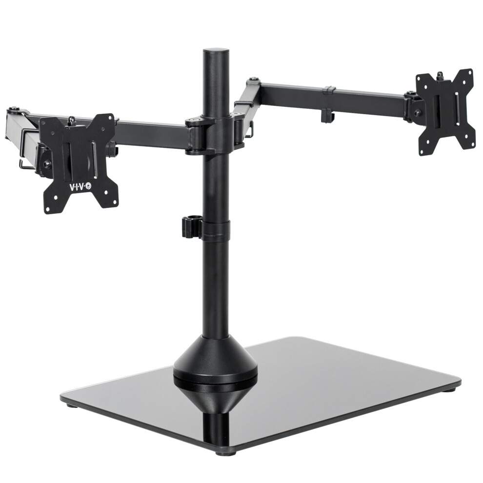 VIVO Freestanding Dual Ultrawide Monitor Stand with Sleek Glass Base and Adjustable Arms  2 Screens up to 38 inches and 22 lbs Each  Black