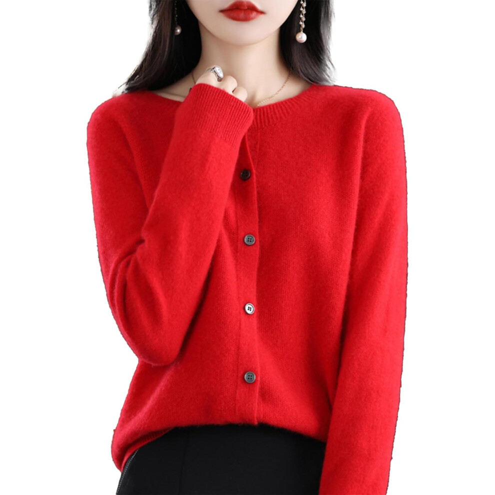(Large, Red) Cashmere Cardigan Sweaters for Women, 100% Cashmere Crew Neck Long Sleeve Soft Cardigans Sweater