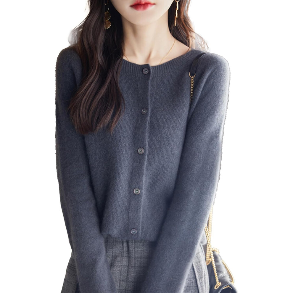 (X-Large, Deep Gray) Cashmere Cardigan Sweaters for Women, 100% Cashmere Crew Neck Long Sleeve Soft Cardigans Sweater