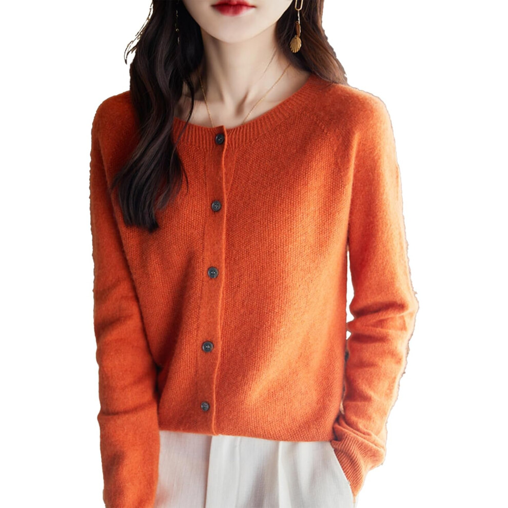 (X-Large, Pumpkin) Cashmere Cardigan Sweaters for Women, 100% Cashmere Crew Neck Long Sleeve Soft Cardigans Sweater