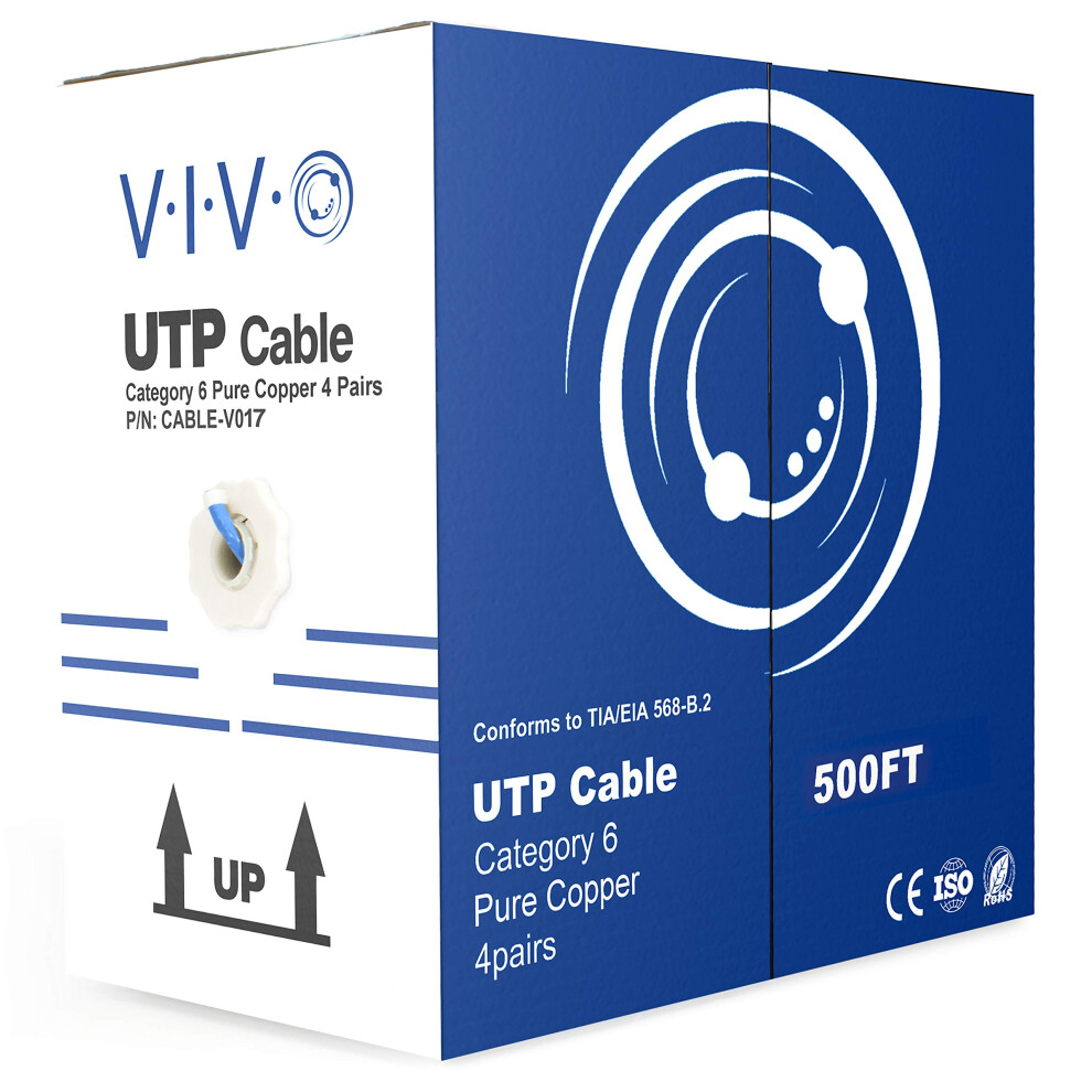 VIVO 500ft Bulk Cat6  Full Copper Ethernet Cable  23 AWG  UTP Pull Box  Cat-6 Wire  Indoor  Network Installations  Blue  CABLE-V017