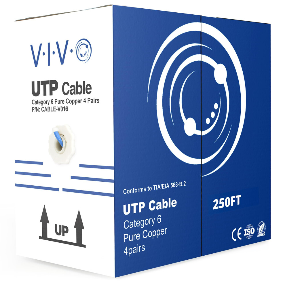 VIVO Blue 250ft Bulk Cat6  Full Copper Ethernet Cable  23 AWG  UTP Pull Box  Cat-6 Wire  Indoor  Network Installations CABLE-V016