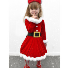(red, 2-3 Years) Toddler Baby Girls Christmas Dress Red Velvet Long Sleeve Santa Dress with Headband Kids Christmas Outfits Set