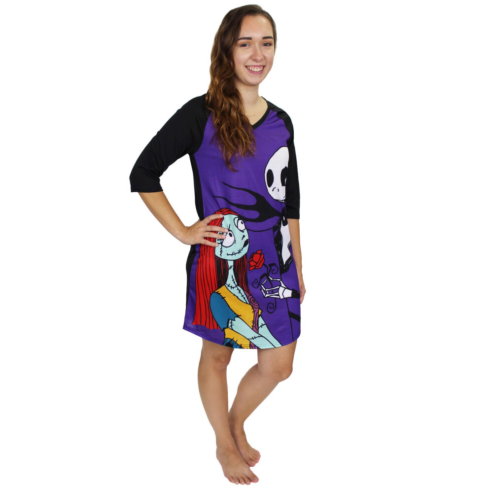 Disney Nightmare Before Christmas Women's 3/4 Sleeve Dorm Nightgown Pajamas (X-Small  Black/Purple)