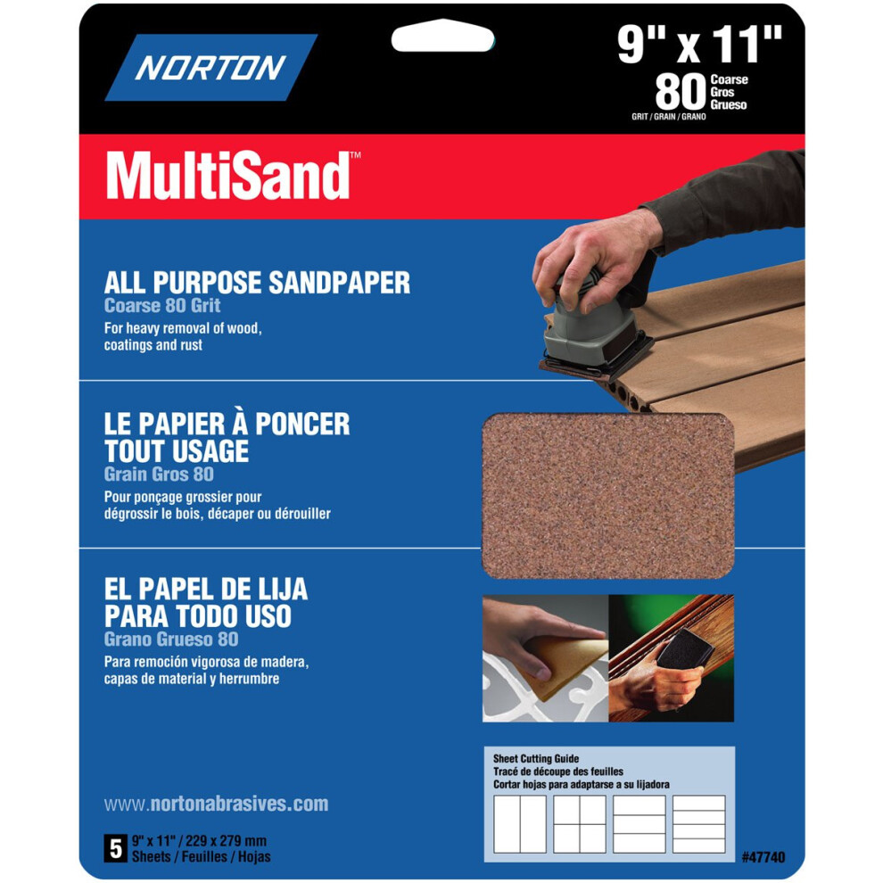 9"" x 11"" Norton 47740 MultiSand All Purpose Sanding Sheet 80-Grit Handy-Pack