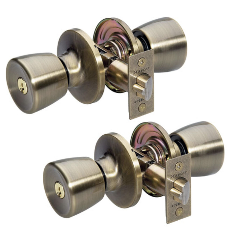 Master Lock TUO0105T Tulip Door Knob with Lock  Antique Brass  Pack of 2