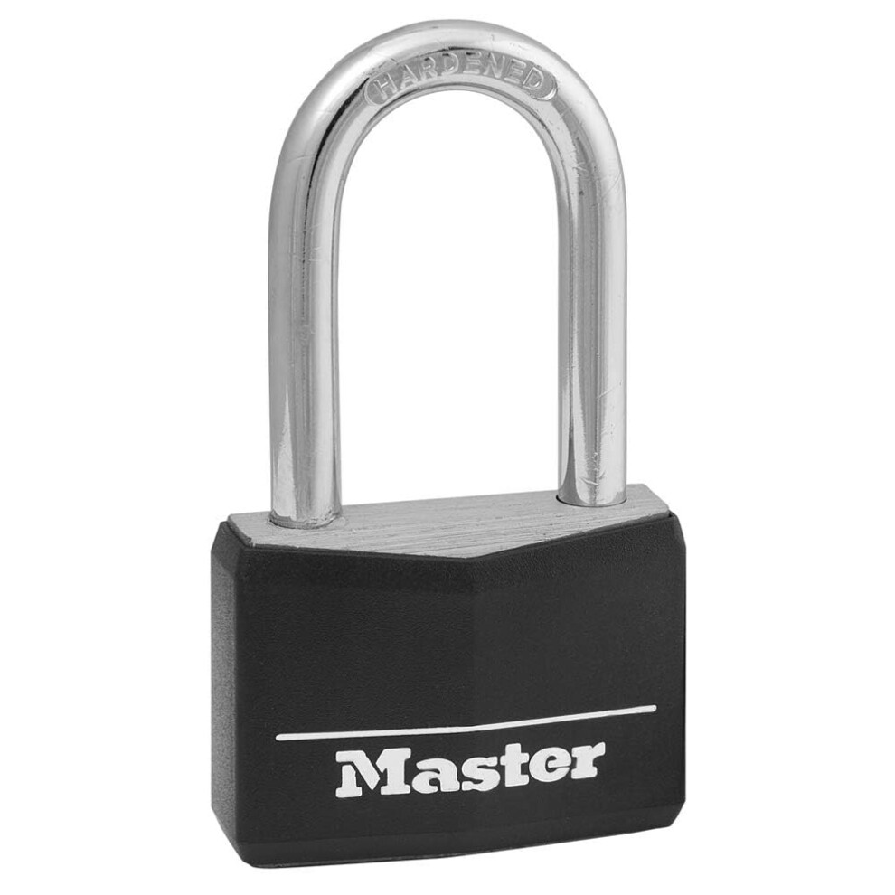 Master Lock Black Covered Aluminum Lock  Gym Locker Lock with Key  Outdoor Padlock with Long Shackle for Gates  Fences  Toolboxes  and More