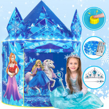 W&O Frozen Princess Tent for Girls with Magic Sound Button LED Lights Crown & Wand Set - Frozen Toys for Girls - Kids Tent Indoor - Play T