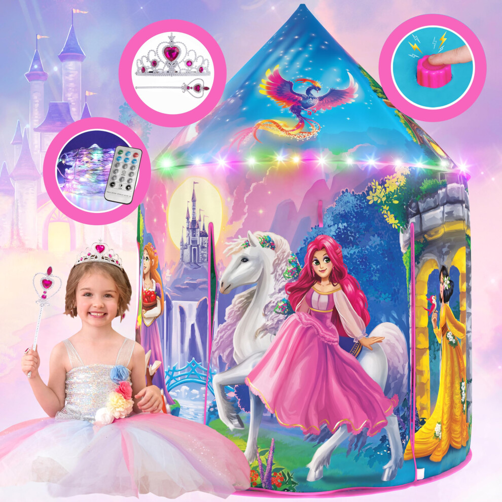 W&O Princess Tent with Fantasy Sound Button  LED Lights  Crown & Wand Set - Kids Tent - Play Tent for Kids - Kids Play Tent Indoor - Princes