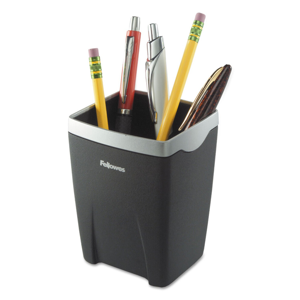 Office Suites Divided Pencil Cup  Plastic  3 1/16 x 3 1/16 x 4 1/4  Black/Silver