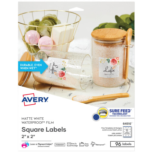 Avery Ανθεκτικές Αδιάβροχες Ετικέτες 2" x 2" με Τεχνολογία Sure Feed, 96 Ετικέτες