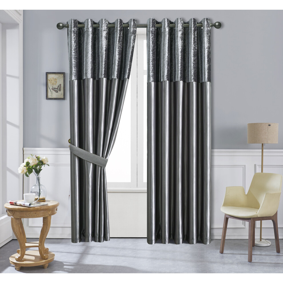 (Charcoal / Grey, 66"X72") Crushed Velvet Band Curtains PAIR Eyelet Faux Silk Fully Lined Ring Top UK Sizes