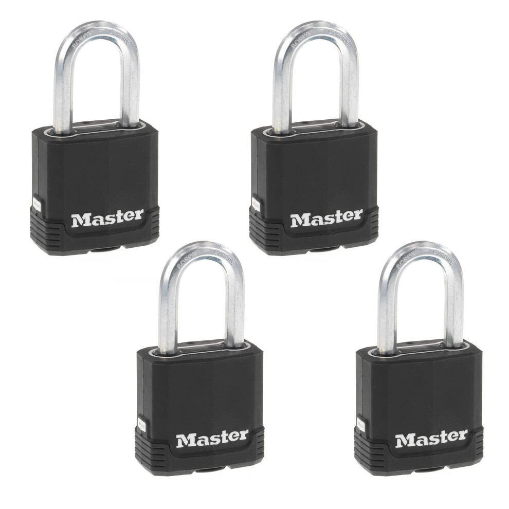 Master Lock Black Outdoor Key Lock  Heavy Duty Weather Resistant Padlock with Cover  Keyed Alike Padlocks for Outdoor Use  4 Pack  M115XQLF