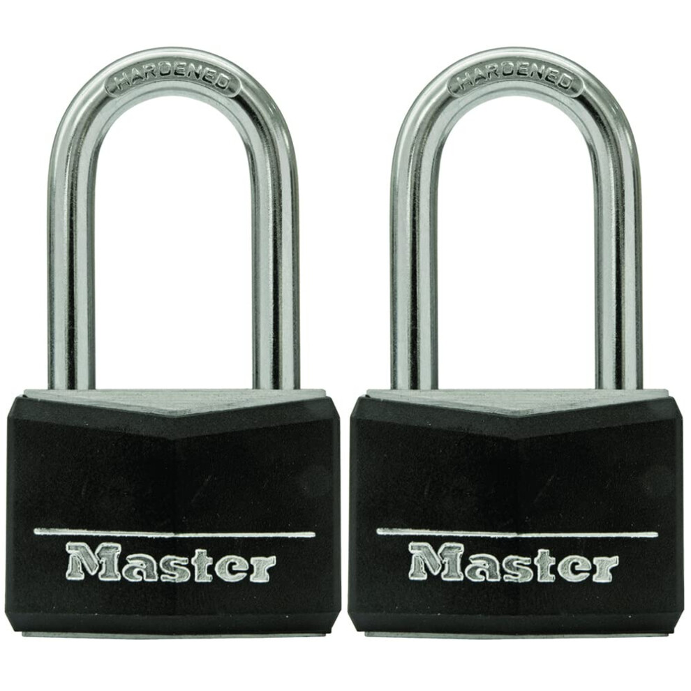 Master Lock Black Vinyl Covered Aluminum Padlock with Key  Keyed-Alike Lock for Toolboxes  Gym Lockers  or Storage Locker  2 Pack  141TLF