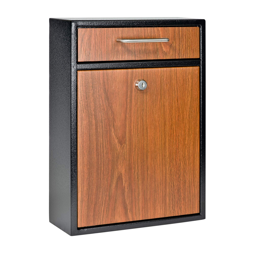 Mail Boss 7427 High Security Steel Wall-Mounted Locking Mailbox  (Office Drop  Comment  Letter  Deposit Box)  Black with Wood Grain Powder C