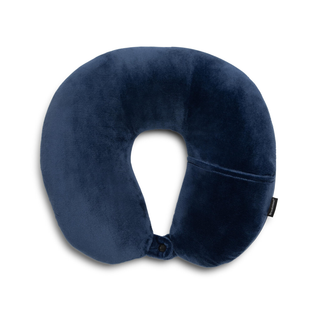 Brookstone Microbead Travel Head and Neck Pillow Lightweight and Plush with Phone or Headphone Pocket  Blue