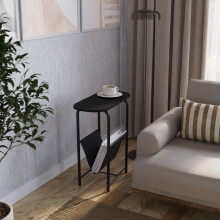 (Black) Slim Oval Sofa Side End Table with Magazine Holder Sling Rack Coffee Snacks Newspapers