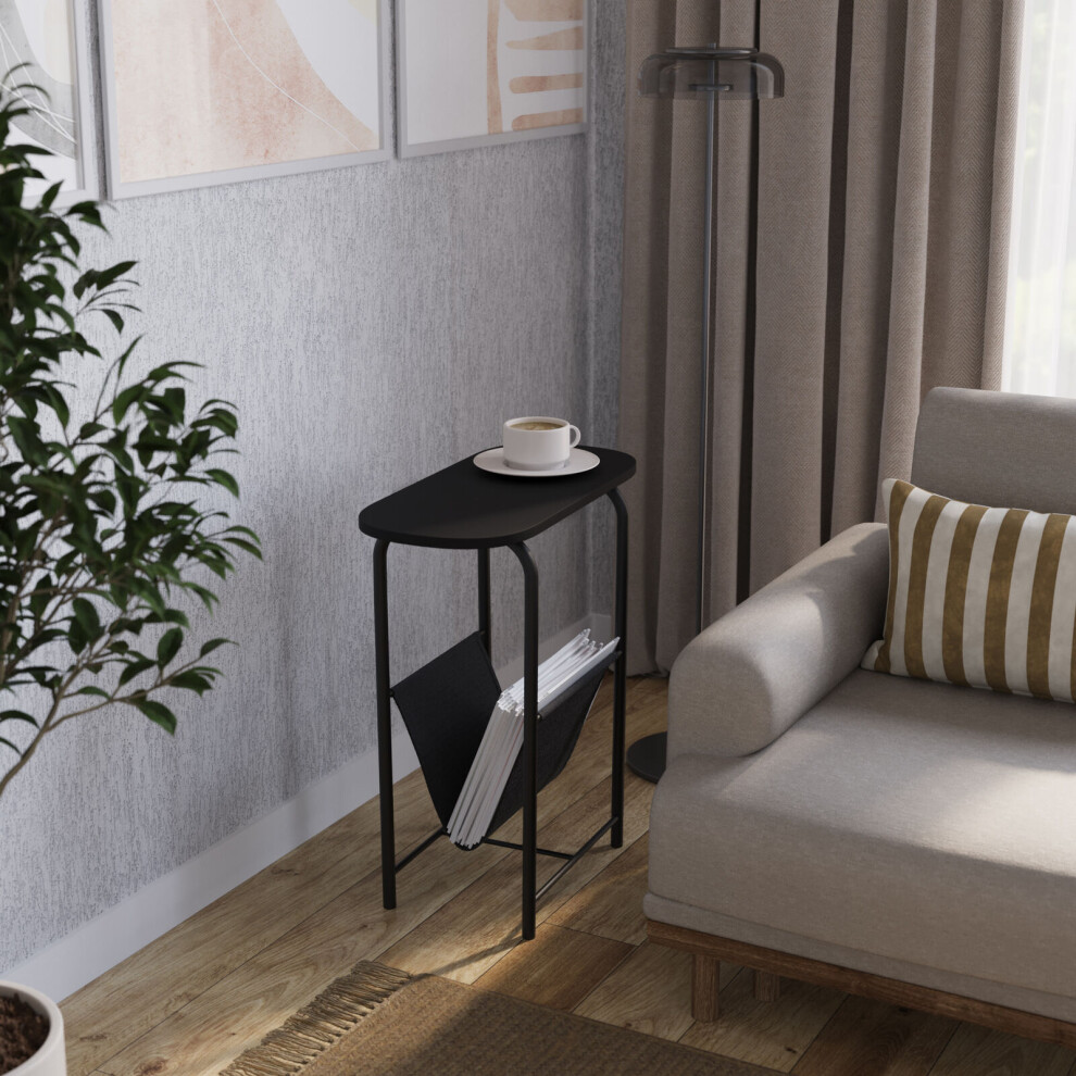 (Black) Slim Oval Sofa Side End Table with Magazine Holder Sling Rack Coffee Snacks Newspapers