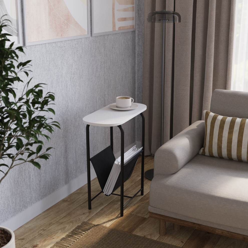 Urbn Living (White) Slim Oval Sofa Side End Table With Magazine Holder Sling Rack Coffee Snacks Newspapers White,Brown