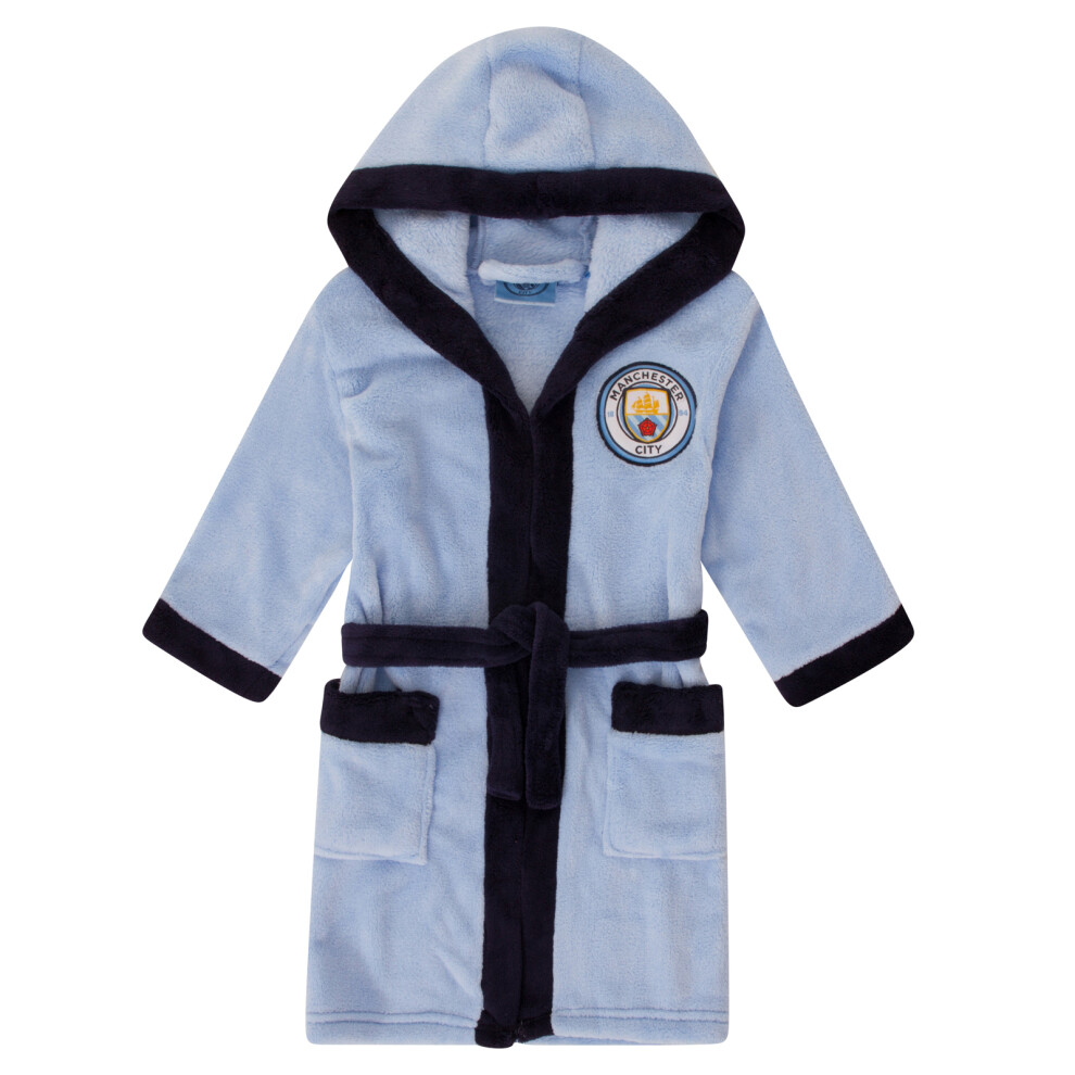 (Sky Blue, 13-14 Years) Manchester City Boys Dressing Gown Robe Hooded Fleece Kids OFFICIAL Football