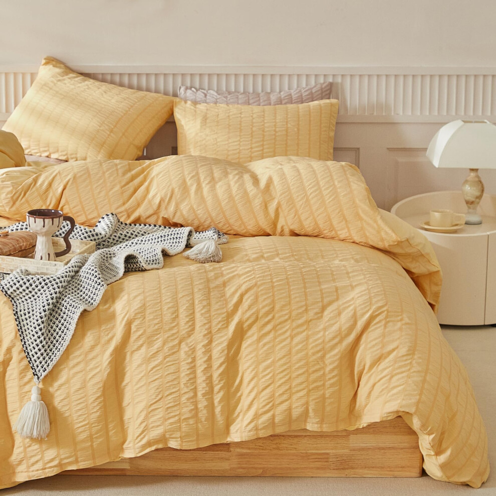 WARMDERN Parure de lit King Size 3 pi   ces en microfibre lav   e jaune moutarde, douce et respirante, en seersucker textur        rayures
