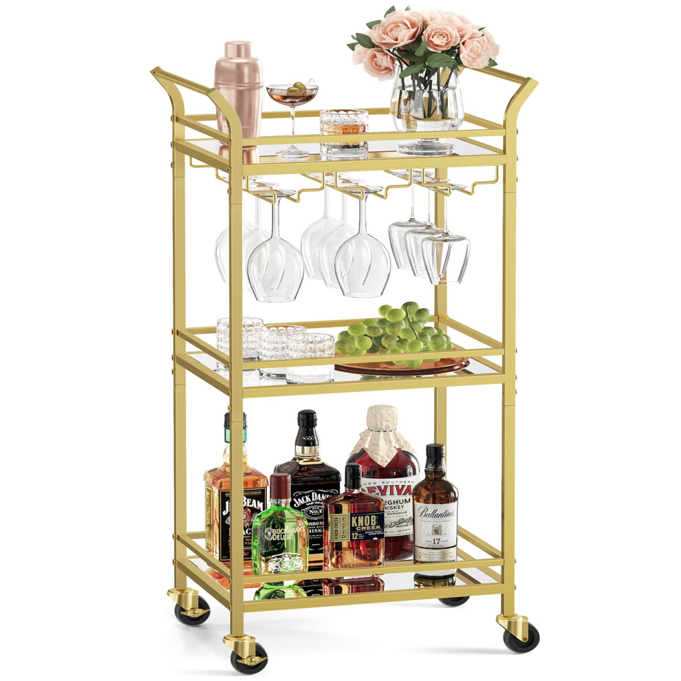 VASAGLE Bar Cart  Home Bar Serving Cart  Small Bar Cart with 3-Tier Shelf  Wine Holders  Glass Holders  Mini Bar Cart for Small Spaces  Kitc