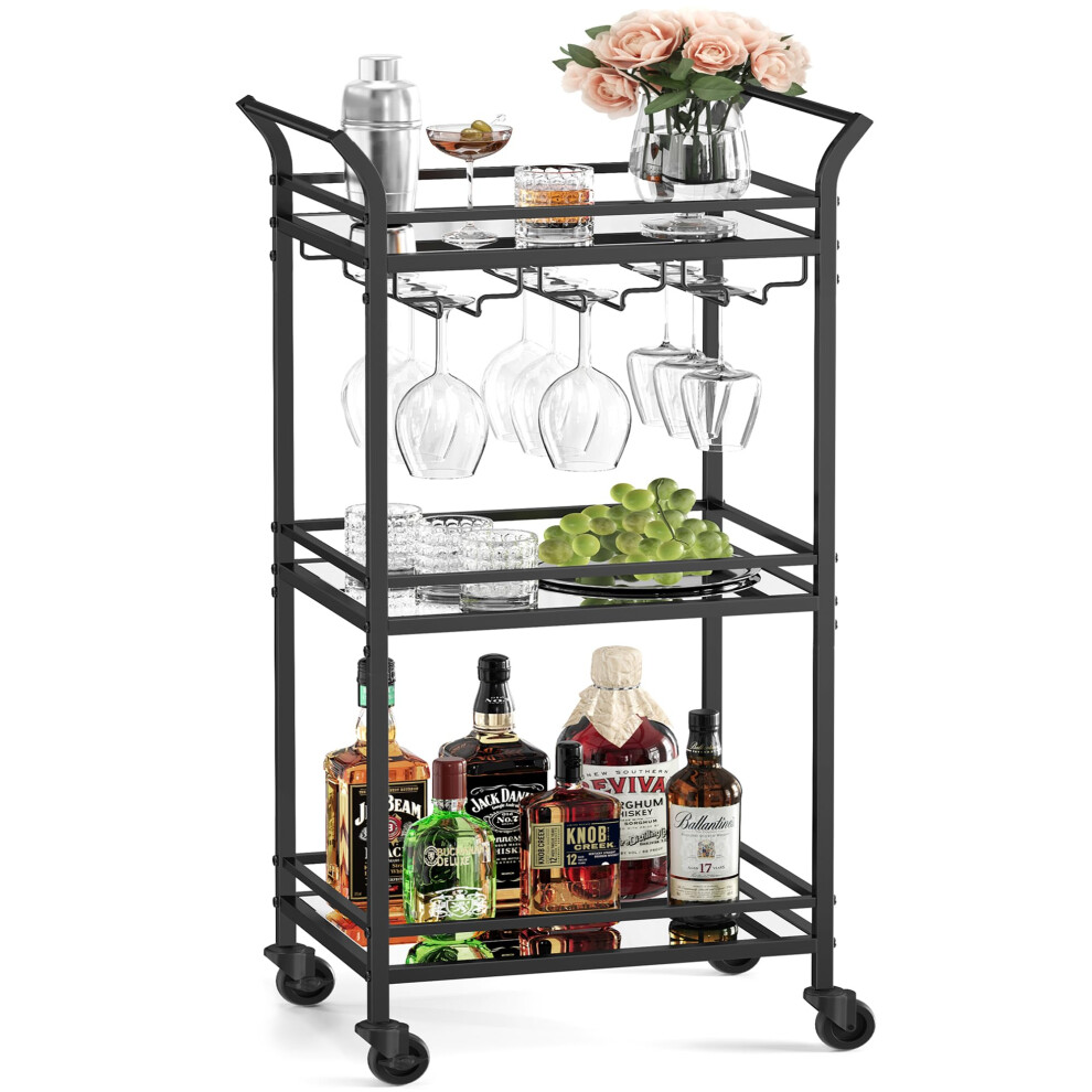 VASAGLE Bar Cart  Home Bar Serving Cart  Small Bar Cart with 3-Tier Shelf  Wine Holders  Glass Holders  Mini Bar Cart for Small Spaces  Kitc