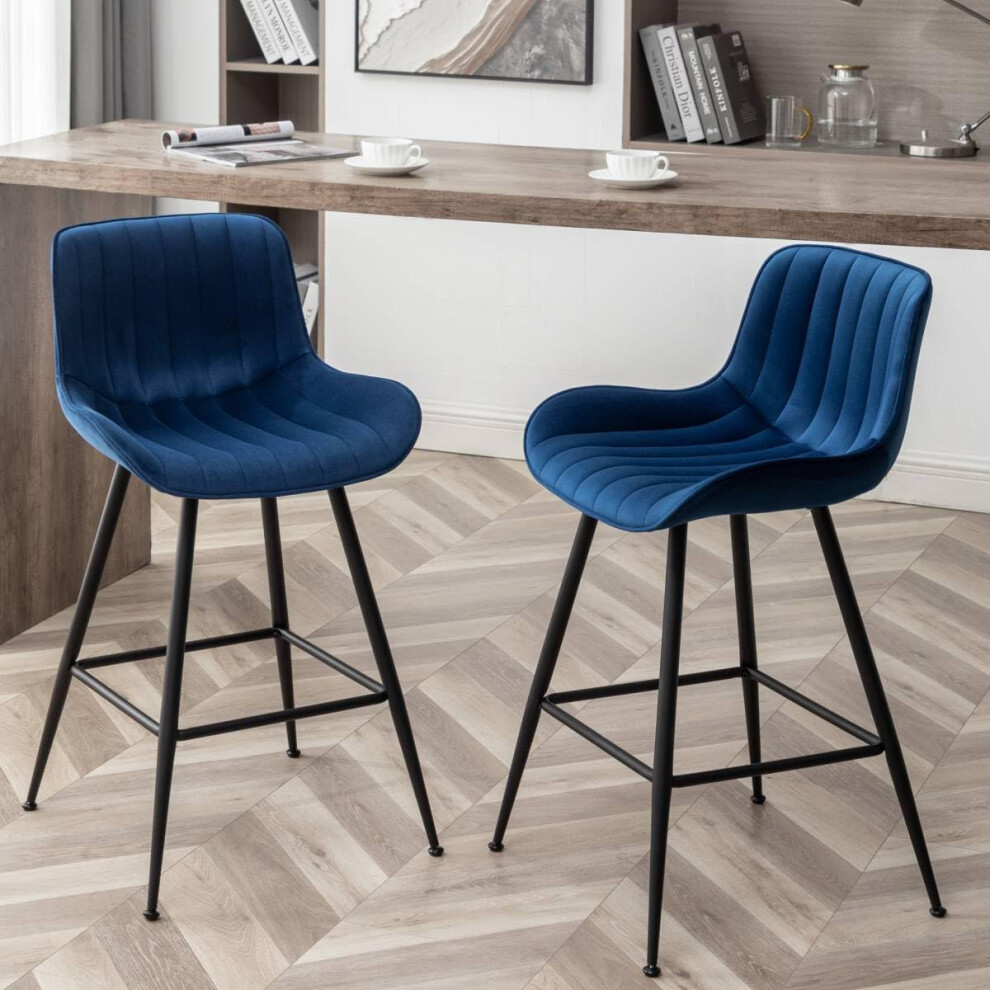 Whiterye Bar Stools Set of 2 - Luxury Bar Stools Counter Height Bar Stools 24 Inch Seat Height Upholstered Velvet Barstools Blue Bar Stools