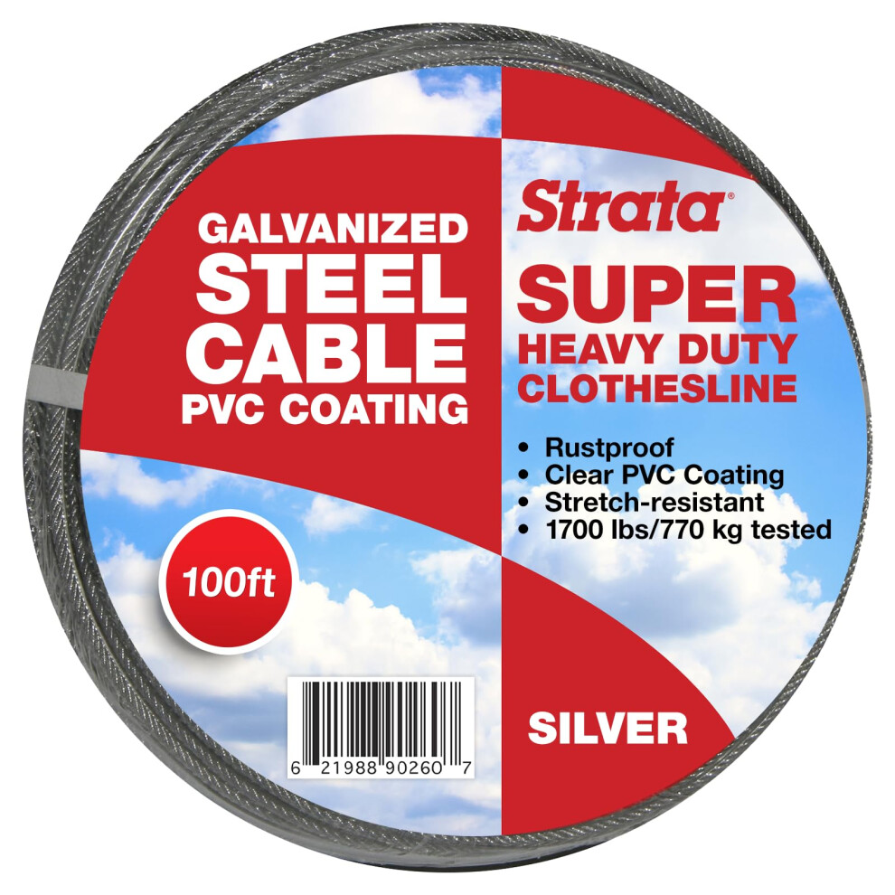 Strata 100 Feet Clothesline Outdoor Heavy Duty Galvanized Wire Steel Cable  Silver PVC Coating - Clothes Line Wires for Outside Laundry Dryi