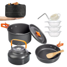 (11-piece set) Camping Cookware Kit Outdoor Aluminum Cooking Set Water Kettle Pan Pot Travelling Hiking Picnic Bbq Tableware Equipment