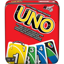 Juego de cartas UNO de Mattel Games para la noche en familia con cartas especialmente diseñadas para jugadores zurdos en caja de lata coleccionable