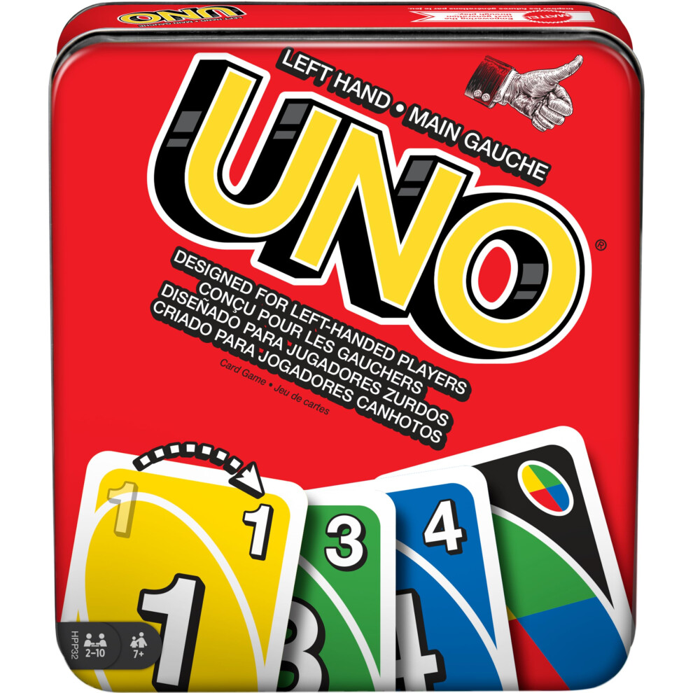 Mattel Games UNO Card Game for Family Night with Cards Specially Designed for Left Handed Players in Collectible Tin Box