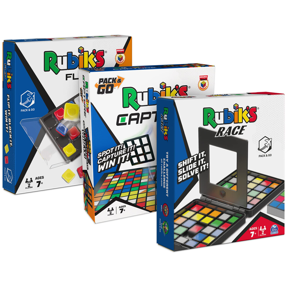 Rubik's Pack & Go  3 Game Bundle Race Flip Capture 2-Player Sequence Board Games 3D Puzzle Travel Game Gift Set  for Adults & Kids Ages 7+ A