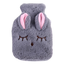 (Grey) Hot Water Bottle Wide Opening Comfortable Touch Cute Cartoon Winter Pvc Water Bottle With Hand Pocket Cover For Hot Cold Therapy