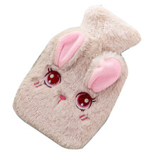 (Beige) Hot Water Bottle Wide Opening Comfortable Touch Cute Cartoon Winter Pvc Water Bottle With Hand Pocket Cover For Hot Cold Therapy