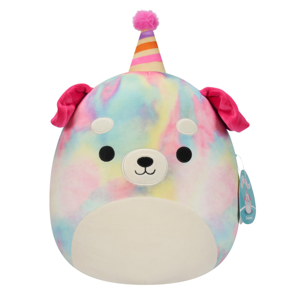 Squishmallows Original 12-Inch Delenne Rainbow Tie-Dye Dog with Party Hat - Official Jazwares Plush (Pack of 1)