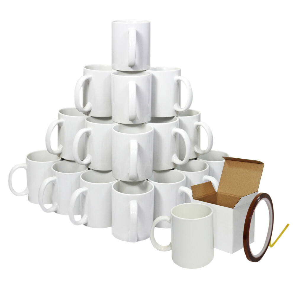 (36 Mugs & Heat Tape) White Sublimation Mugs With Boxes & Heat Tape