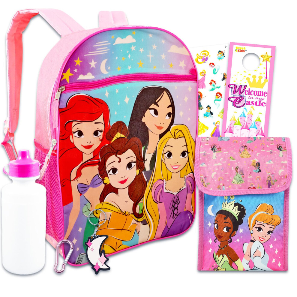 Disney Princess School Backpack With Lunch Box For Girls  Kids ~ 4 Pc Bundle With 16"" Princess School Bag  Lunch Bag  Stickers  And More (D