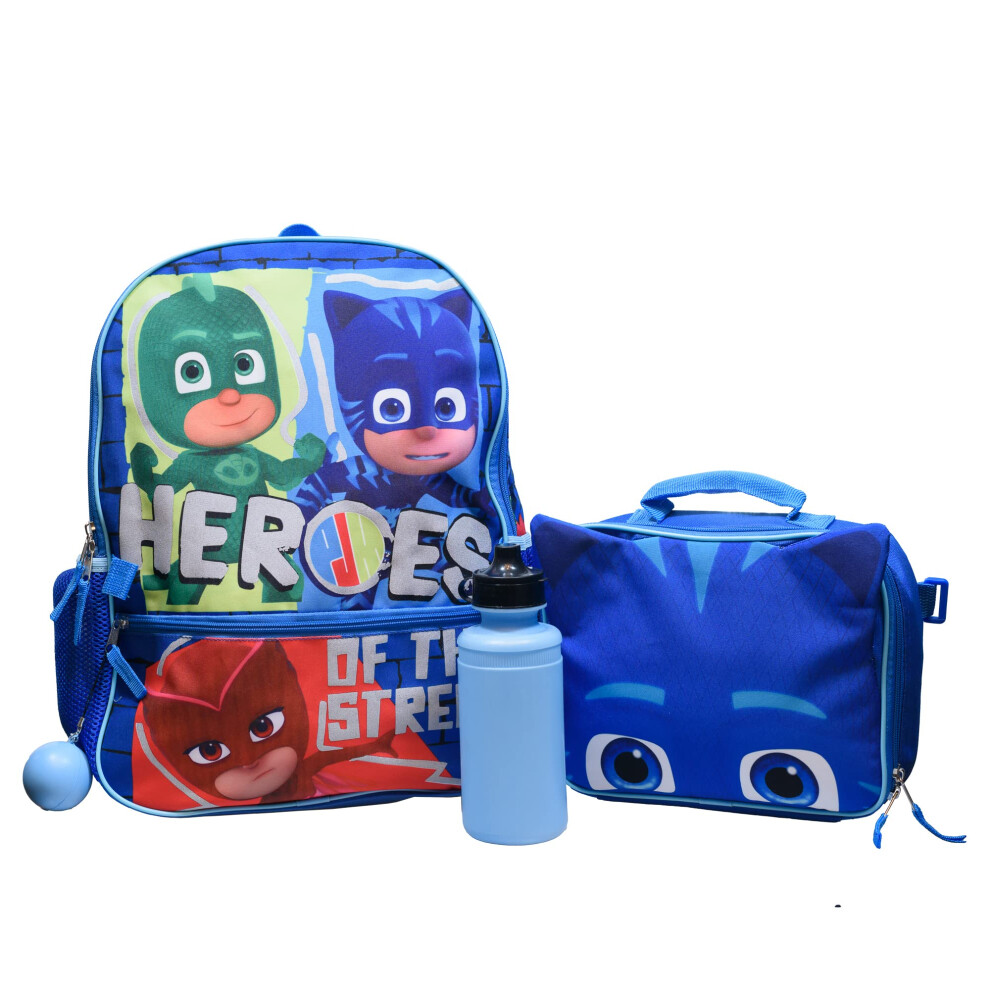 PJ MASKS Girls & Boys Pre-School 4 Piece Backpack Set; Catboy  Gekko & Owlette Kids 16"" l School Bag w/Front Zip Pocket  Blue