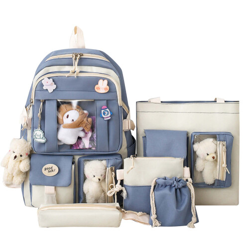 Rugzak 5 stks set esthetische kawaii schooltassen 17in schattige boekentas met badge & hangershouder tas, kleine tas zwart, potlooddoos (Color : Blue, Size : 17in