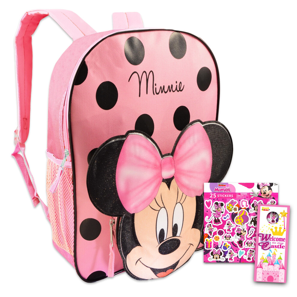 Disney Minnie Mouse Backpack for Toddlers Bundle ~ Premium 12"" Minnie Mouse Mini School Bag with 3D Ears and Stickers (Minnie Mouse School