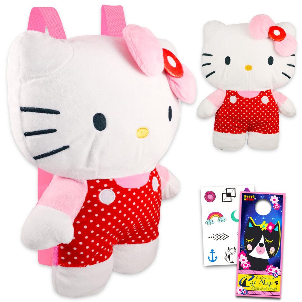 Hello Kitty Plush Backpack Set for Girls - Hello Kitty Gift Bundle with Hello Kitty Plushie with Adjustable Straps Plus Temporary Tattoos an