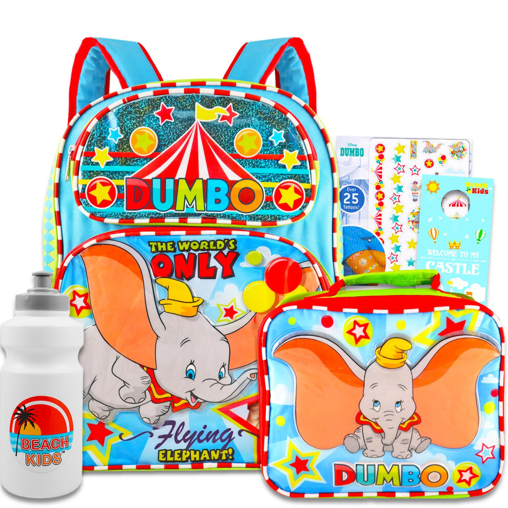 Disney Dumbo Backpack & Lunch Box Set Kids - Bundle with 16"" Dumbo Backpack  Dumbo Lunch Box  Water Bottle  Tattoos  More | Disney Dumbo Ba