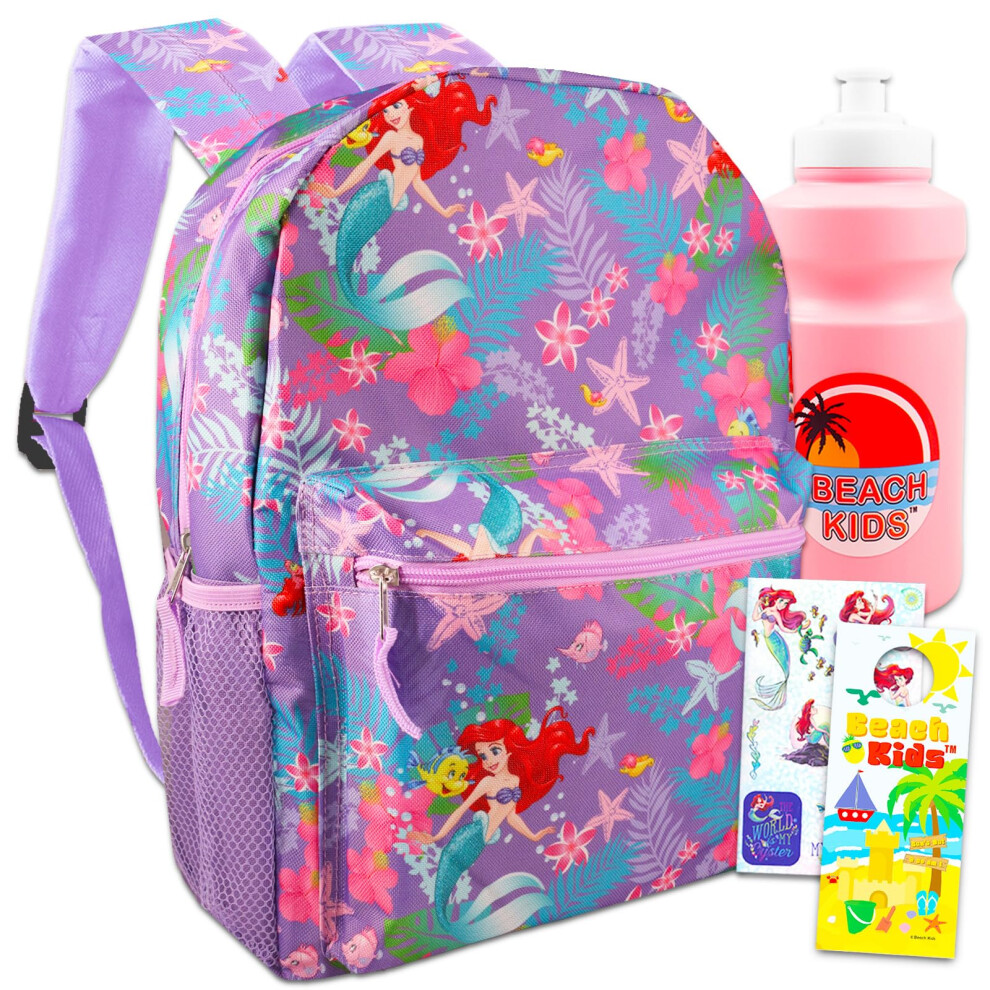 Disney Little Mermaid Backpack Kids - Bundle with 16"" Ariel Backpack  Water Bottle  Stickers  More | The Little Mermaid for Girls