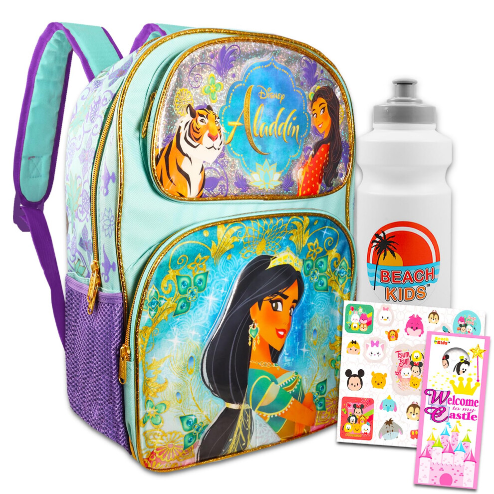 Disney Princess Jasmine Backpack Set - Bundle of 16"" Princess Jasmine Backpack with Water Bottle  Stickers  More | Disney Aladdin Backpack