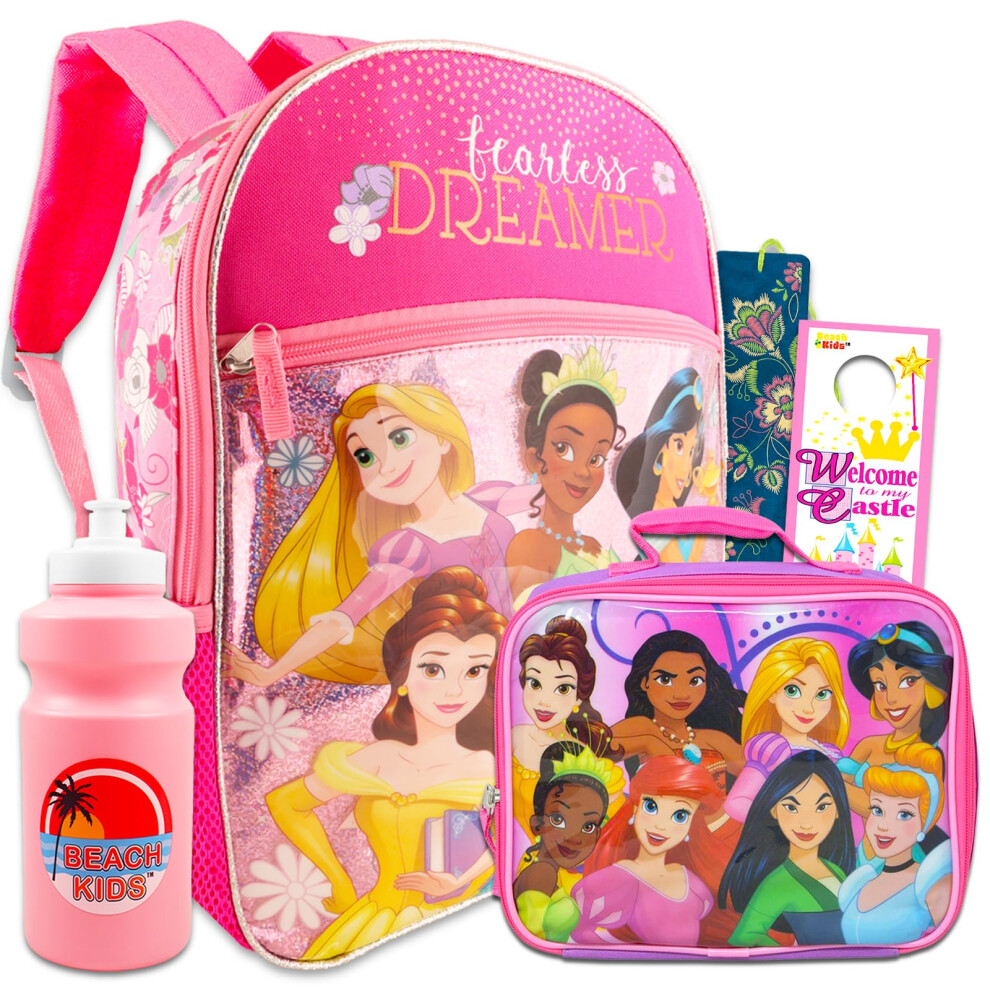 Disney Princess Backpack & Lunchbox for Girls Set - Bundle of 16"" Disney Princess Backpack  Disney Lunchbag & More | Disney Princess School