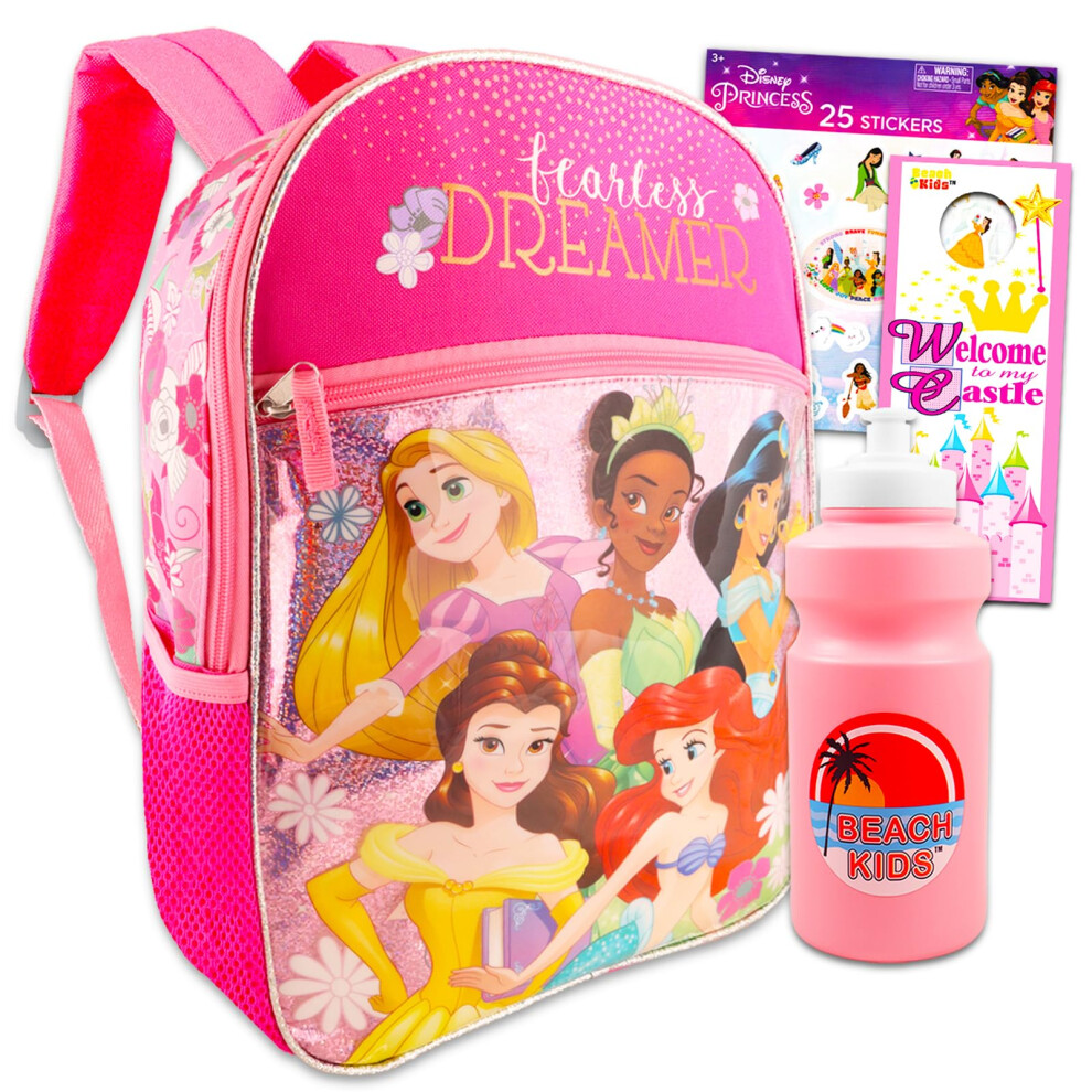 Disney Princess Backpack for Girls 3-5 - Bundle with 16"" Disney Princess Princess Backpack Plus Stickers  Water Bottle  | Disney Princess S