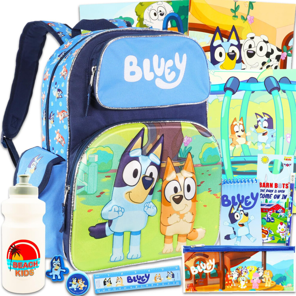 Bluey Backpack for Kids Set - Bundle with 16"" Bluey Backpack  Folders  Notebook  Water Bottle  Stickers  More | Bluey School Supplies for B