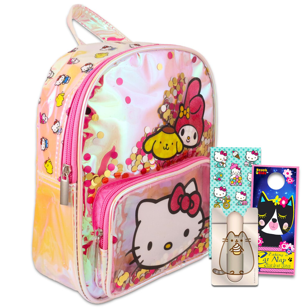 Hello Kitty Mini Backpack for Girls - Bundle with Deluxe 10"" Iridescent Hello Kitty Backpack with Front Pocket Plus Stickers  More | Hello