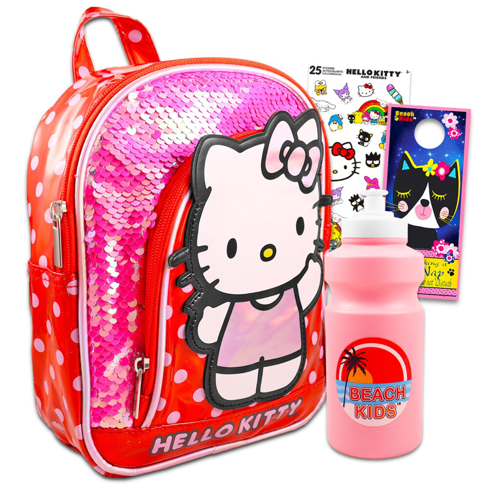 Hello Kitty Mini Backpack Set - Bundle with 10"" Hello Kitty Backpack with Sequins Plus Water Bottle  Stickers  More | Hello Kitty Backpack